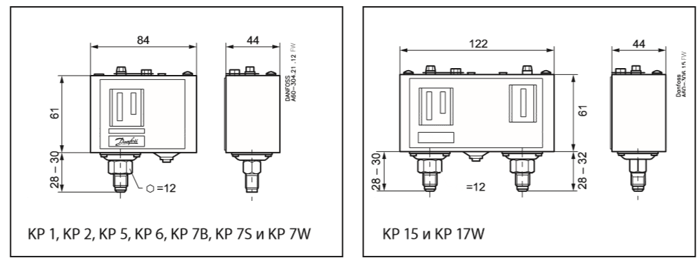 Габаритный чертеж регулятора давления KP Danfoss