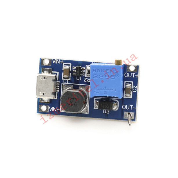 3D огляд Підвищуючий DC-DC перетворювач MT3608 з Micro USB 3D огляд Підвищуючий DC-DC перетворювач MT3608 з Micro USB