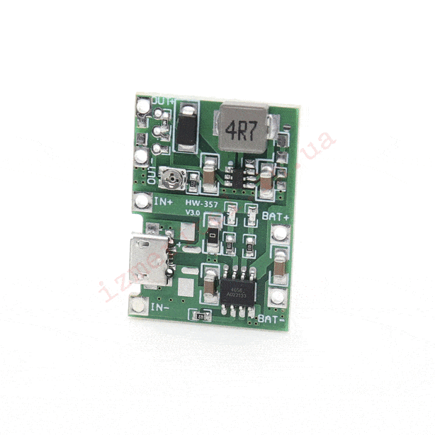 3D огляд Контроллер зарядки TP4056 з підвищувальним перетворювачем HW-357 3D огляд Контроллер зарядки TP4056 з підвищувальним перетворювачем HW-357