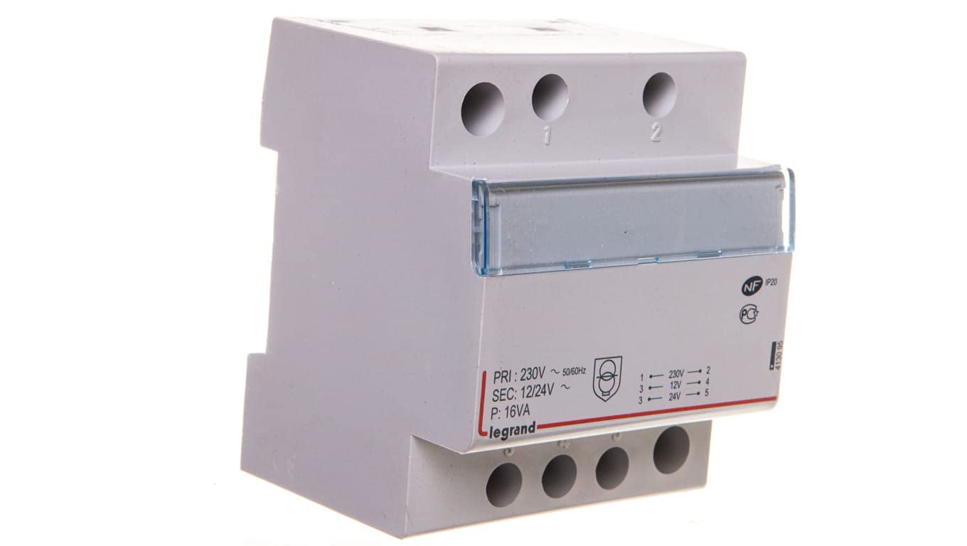 Защитный трансформатор Legrand 413095, 230 В до 12 В или 24 В - 16 ВА, 4 модуля.