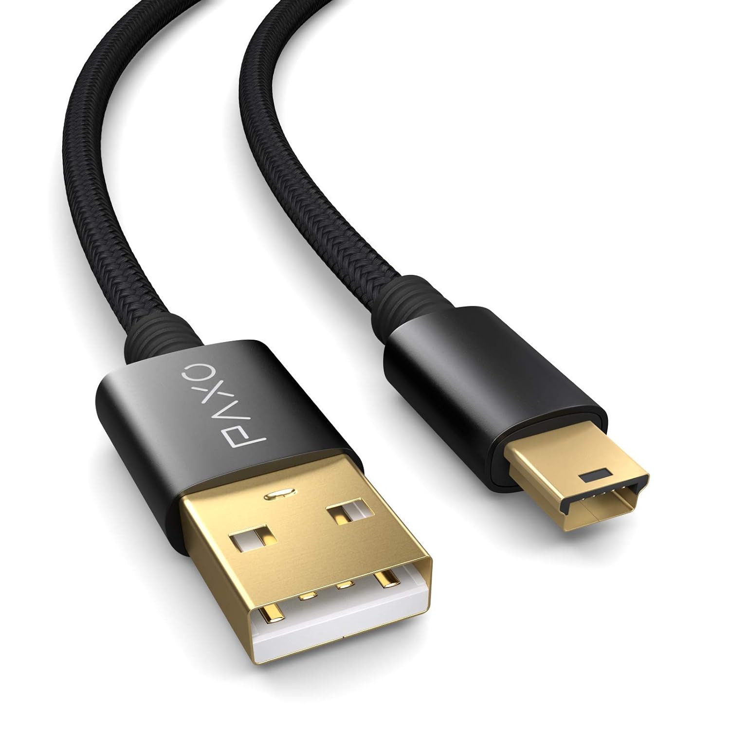 Мини-USB кабель PAXO 0,5 м, нейлоновый, черный, USB-мини-USB кабель, позолоченный штекер, плетеный кабель (оплетка)
