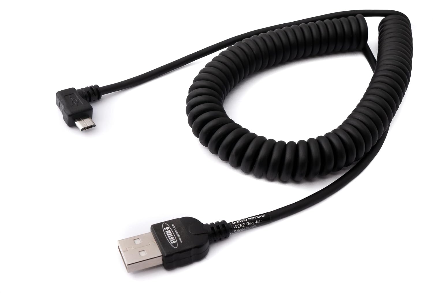 Кабель System-S USB 2.0 200 см, штекер типу A - штекер Micro B, кутовий спіральний, чорний