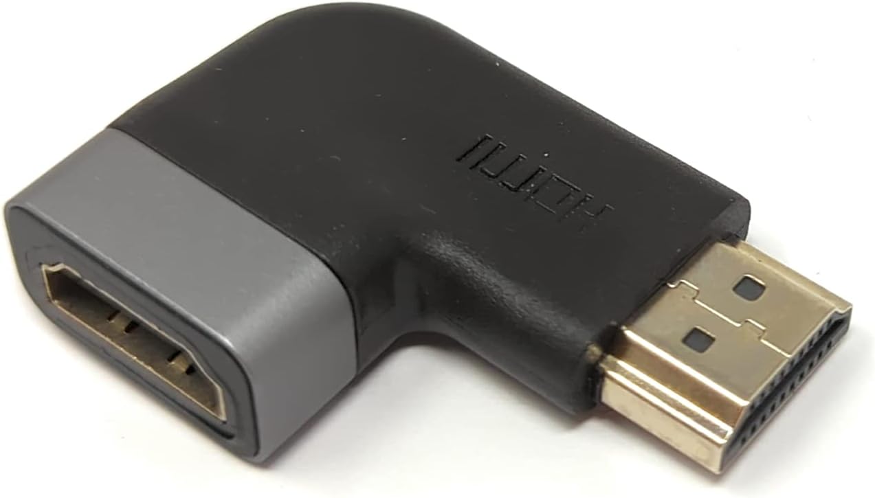 Адаптер System-S HDMI 4K, стандартный штекер — розетка, угловой кабель, серый.