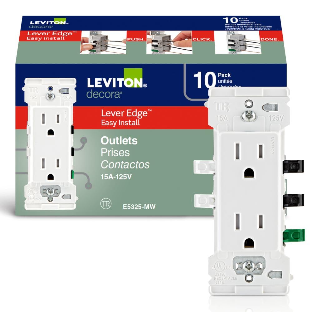 Розетки Leviton E5325-MW Decora Edge 15A с двойной защитой от несанкционированного доступа, комплект из 10 штук, белые.