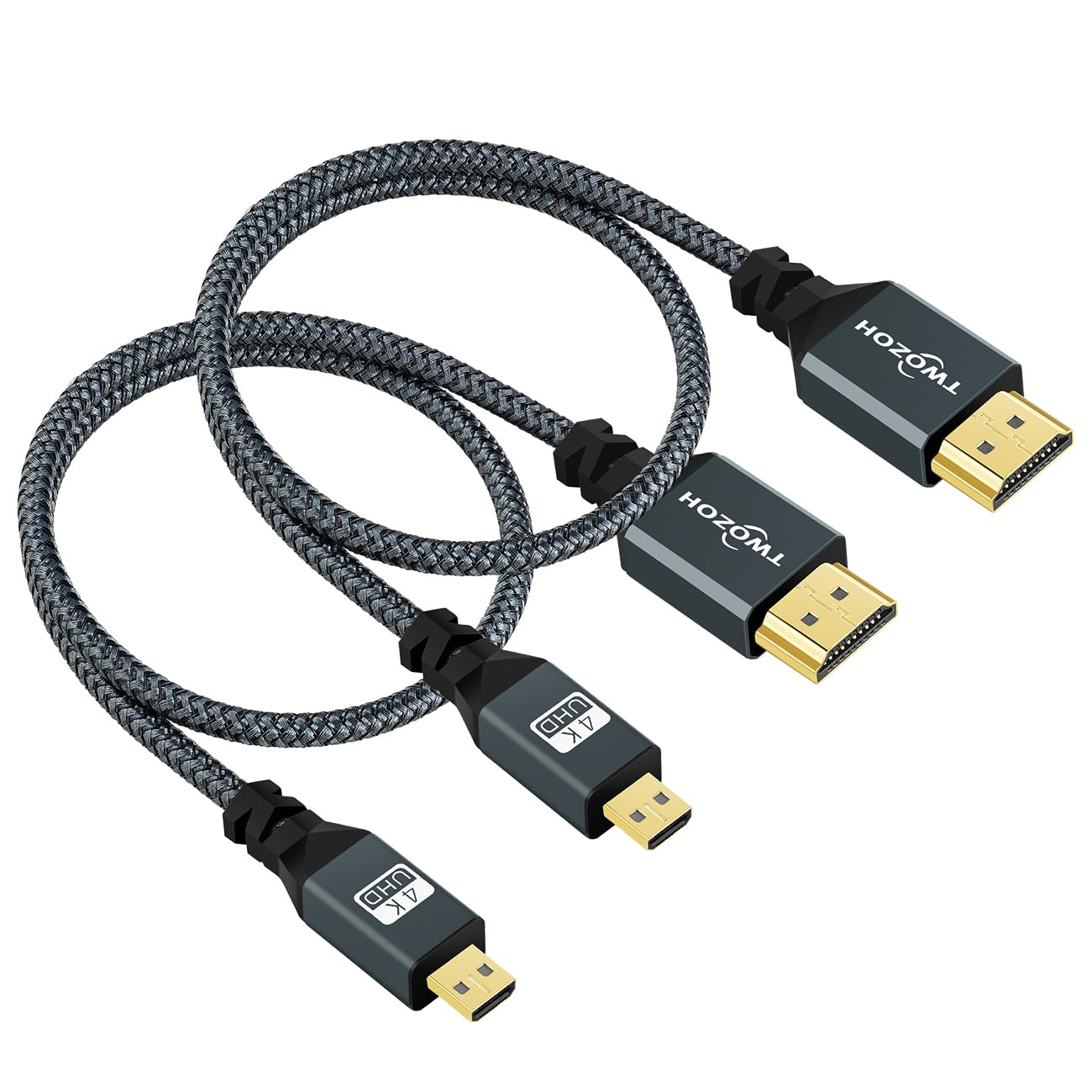Кабель Twozoh Micro HDMI - HDMI 0,3 м, 2 шт., нейлоновий плетений HDMI A - Micro HDMI D, підтримує 3D 4K/60Hz 2.0 1080p для GoPro