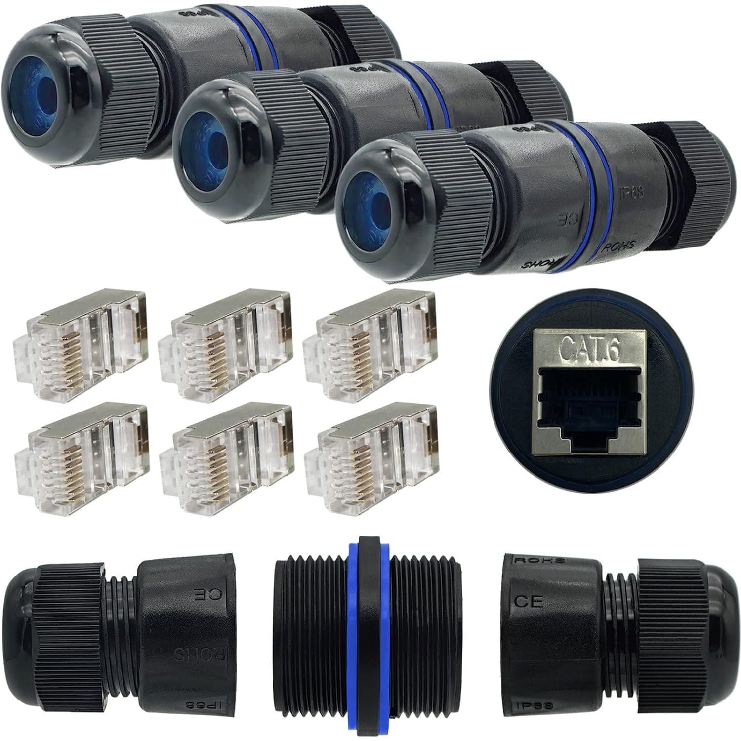 Разъем RJ45, CTRICALVER, 3 внешних Ethernet-разъема, «мама-мама» + 6 разъемов Crystal Heads, с экранированным удлинительным кабеле