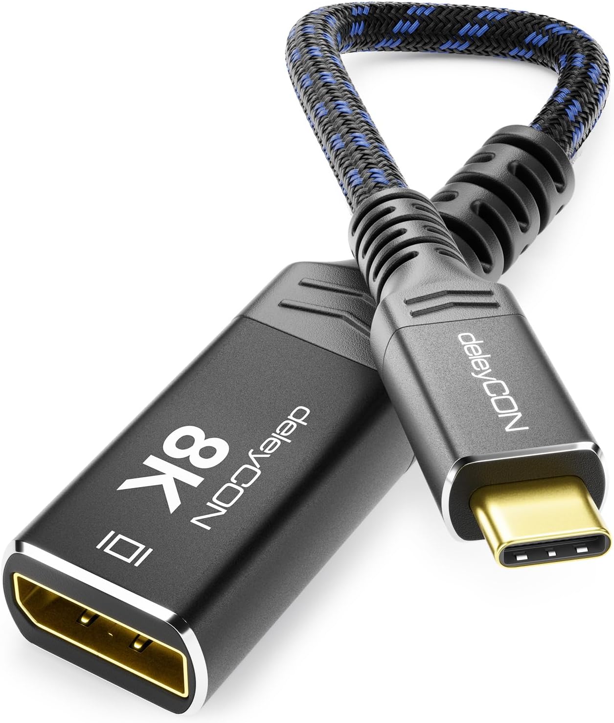 Адаптер deleyCON 8K USB-C — DisplayPort для монитора (8K@60Hz / 4K@120Hz) с алюминиевым корпусом, Thunderbolt 3/4, iPhone 17 16 15