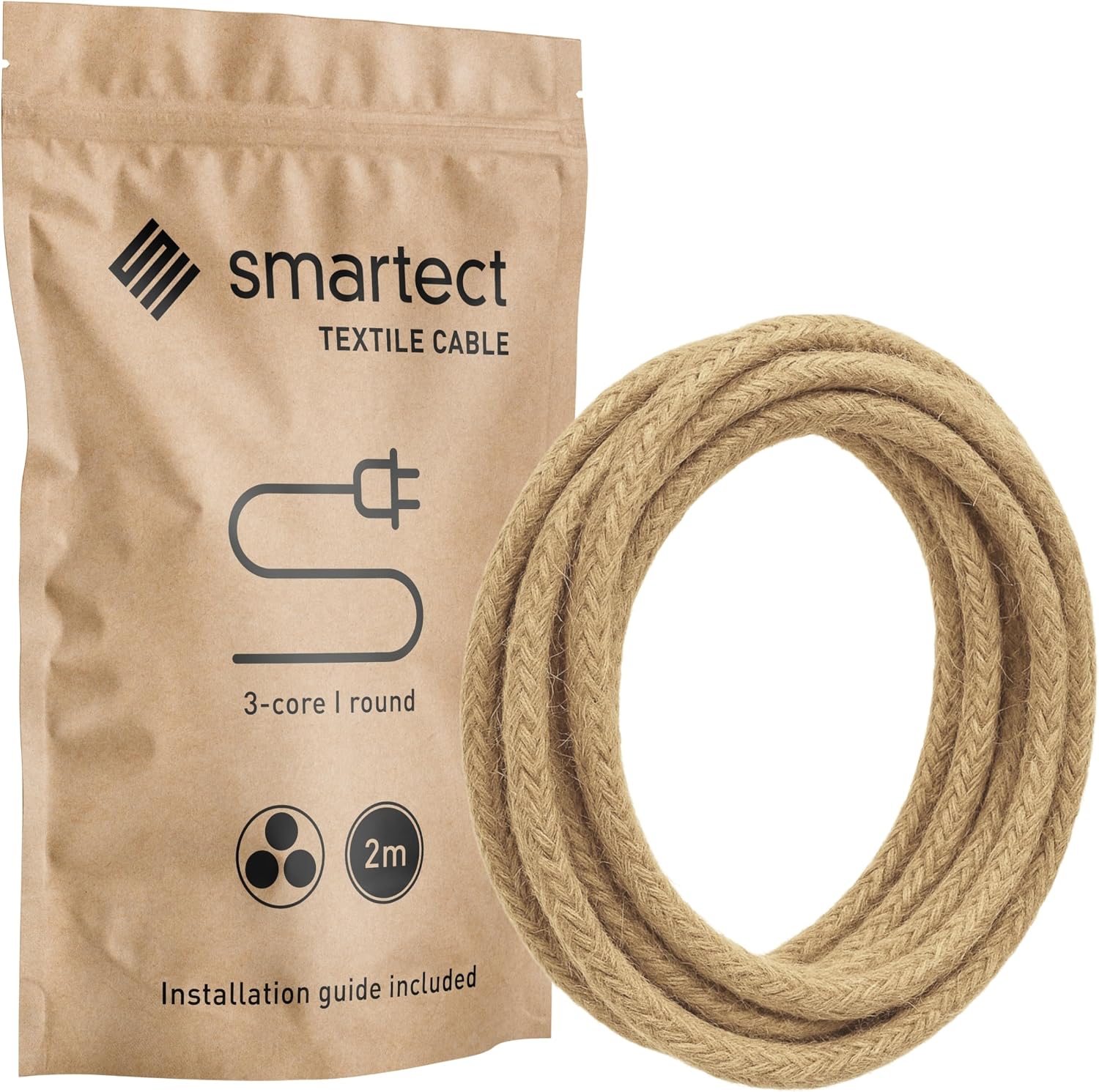 Текстильный кабель Smartect с двумя жилами (2 x 0,75 мм²), джутовый, 2 метра.