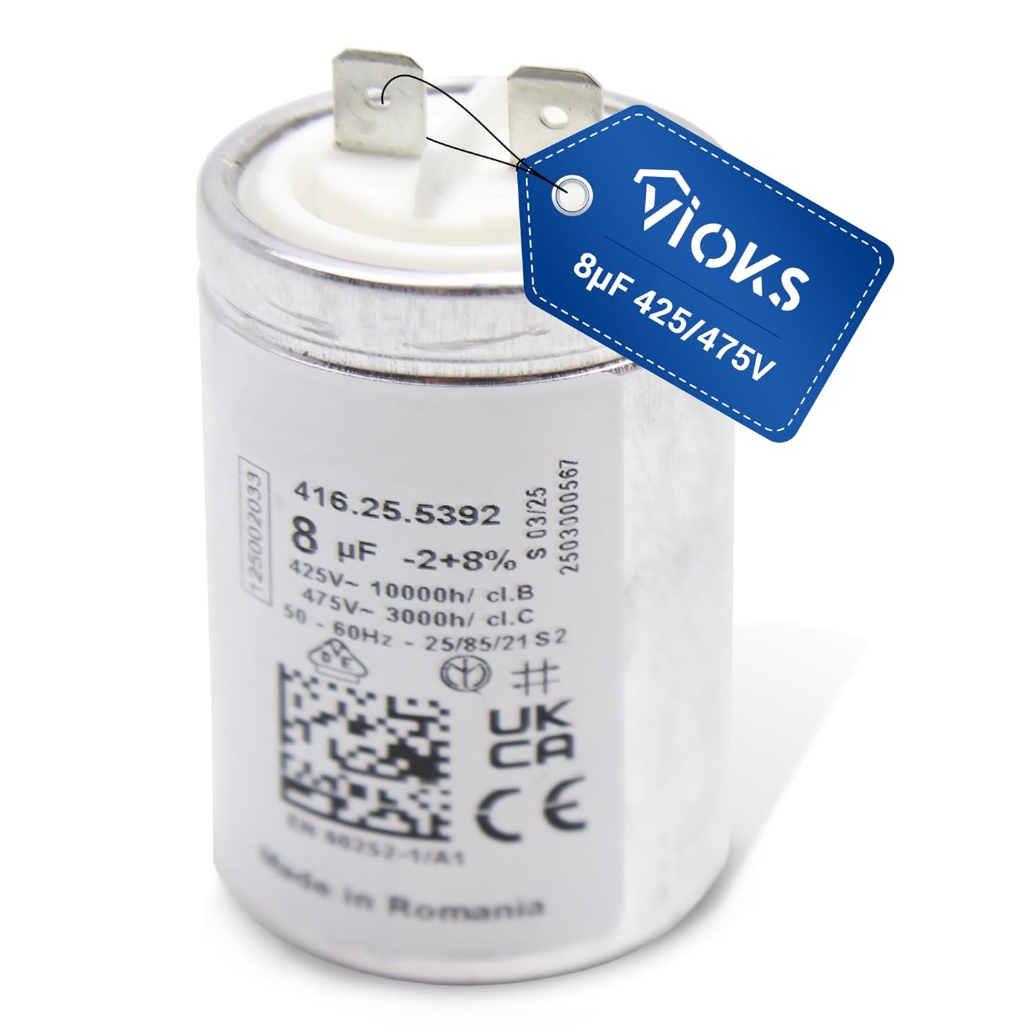 Конденсатор VIOKS 8 мкФ 425/475 В, замена пускового конденсатора AEG 125002033/4 с разъемами для сушильных машин.