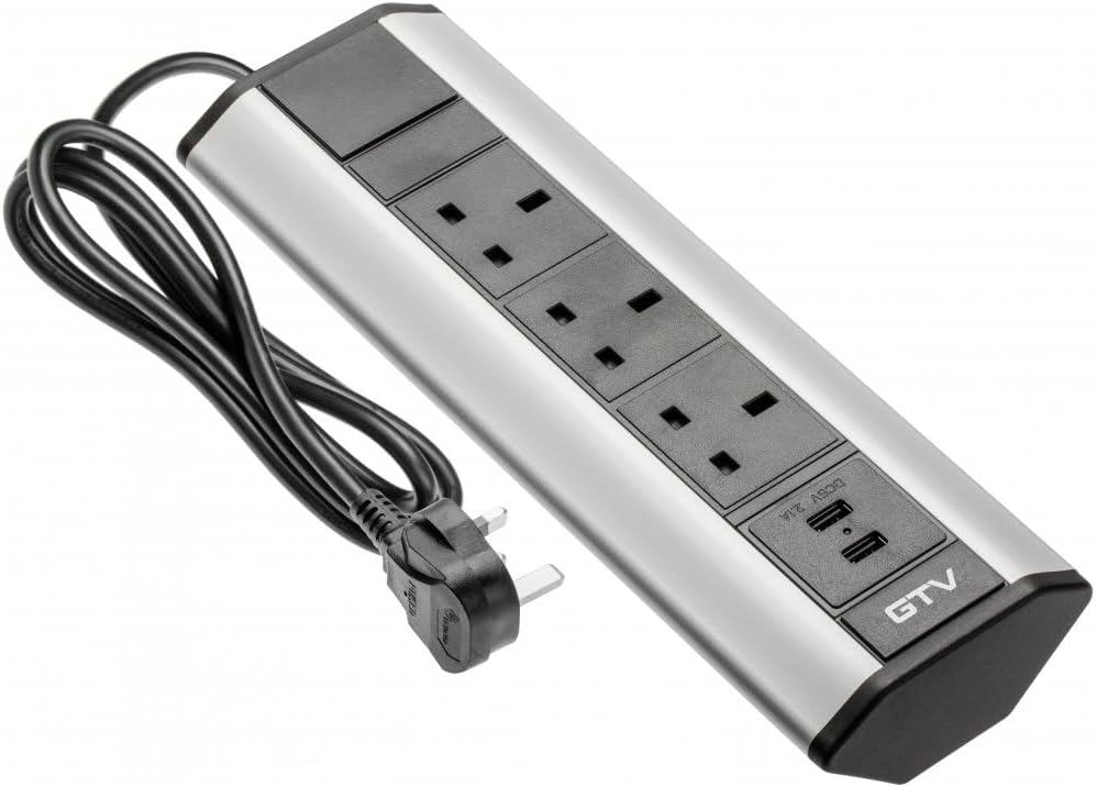 Угловой сетевой фильтр HÖGERT TECHNIK – 3 розетки UK+, 2 USB-порта (5 В/2,1 А) – алюминиевый корпус – 3600 Вт – кабель 1,5 м – для