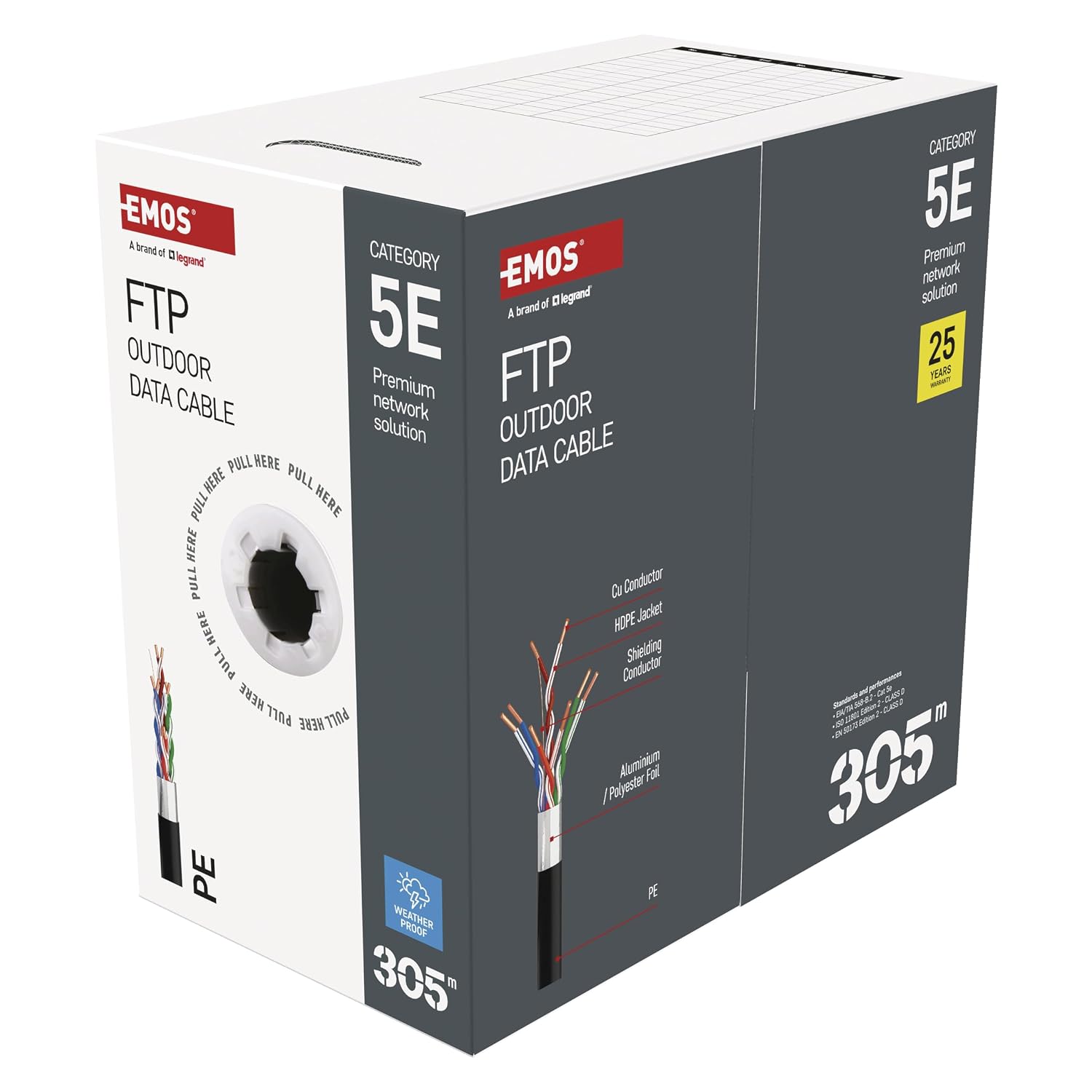 EMOS - Сетевой кабель FTP CAT 5e, 305 м, PE - Патч-кабель CAT5e FTP - Гигабитная локальная сеть - Экранированный кабель Ethernet -