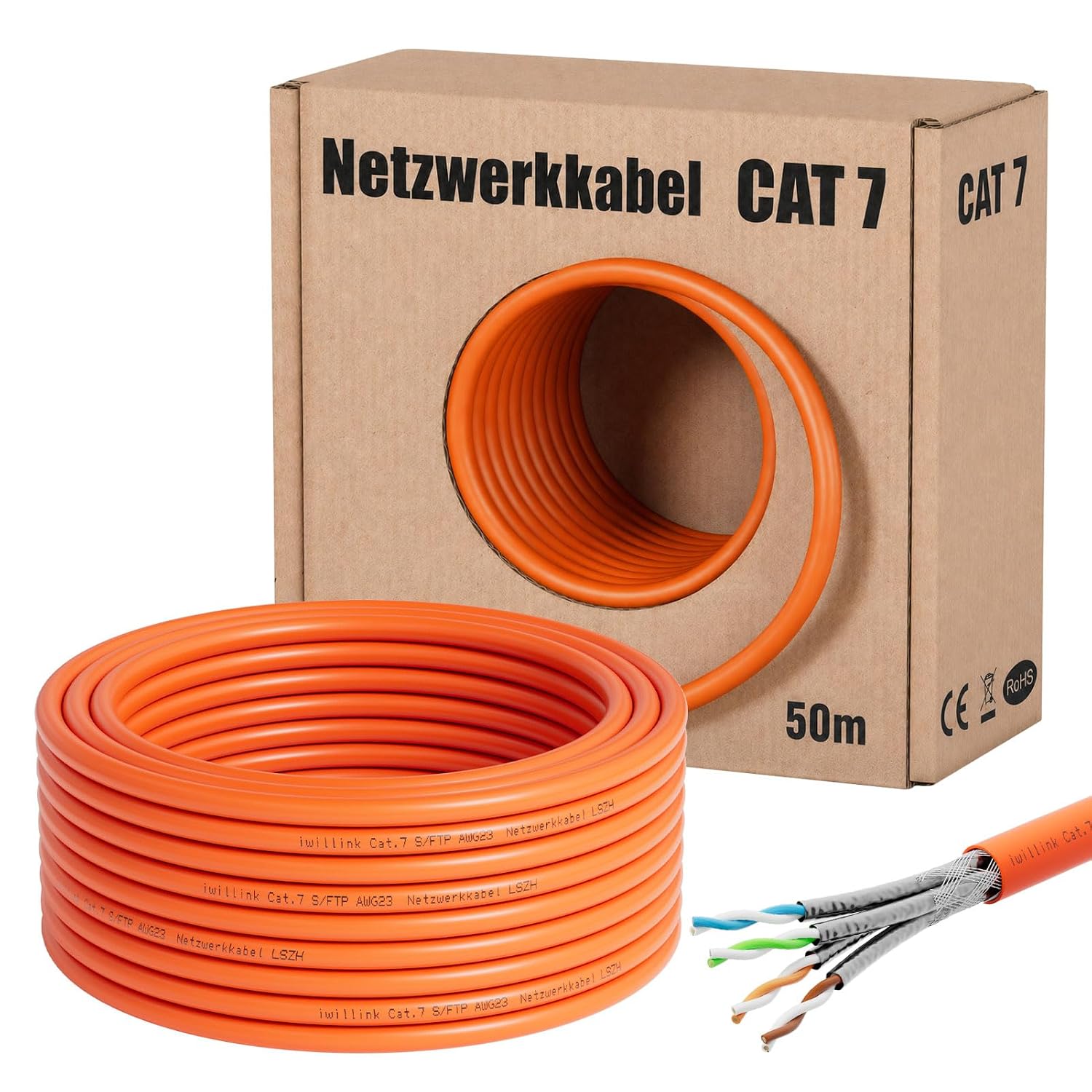 Сетевой кабель iwillink CAT 7 - симплексный кабель CAT 7 LAN AWG23, кабель передачи данных S/FTP PoE+ LSZH (50 м)