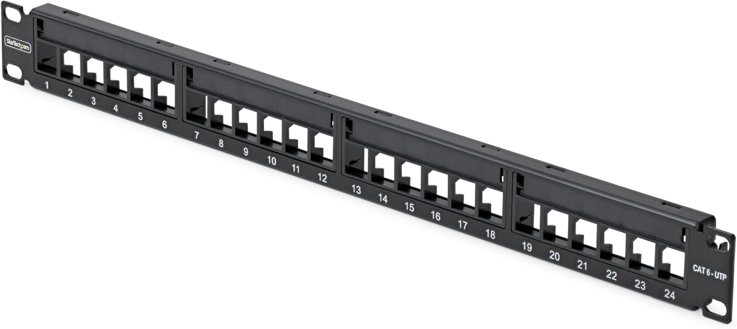 Патч-панель StarTech Keystone на 24 порта, форм-фактор 1U, для кабелей Cat6, разъемы RJ45 UTP Ethernet.