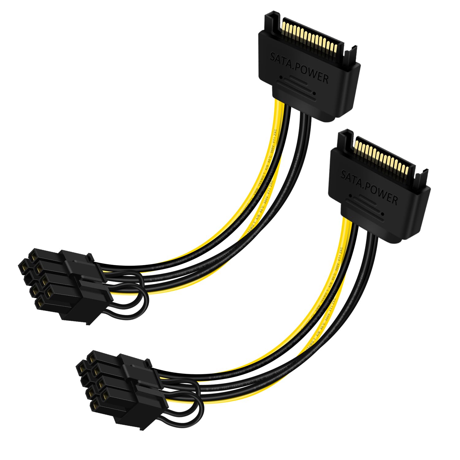 Кабель питания для видеокарт: штекер SATA 15 контактов — гнездо PCI Express 8 контактов (6+2 контакта), 12 В 4,5 А (комплект из 2