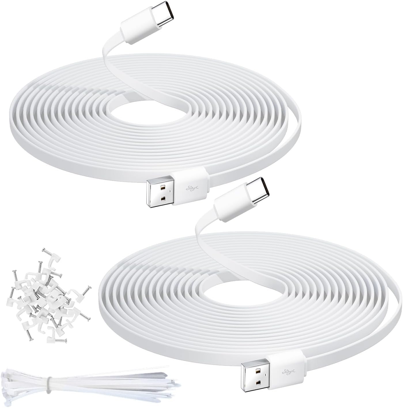 2 плоских кабеля USB C, удлиненные, 9 м, для зарядки и передачи данных камер видеонаблюдения, телефонов, планшетов, геймпадов и т.