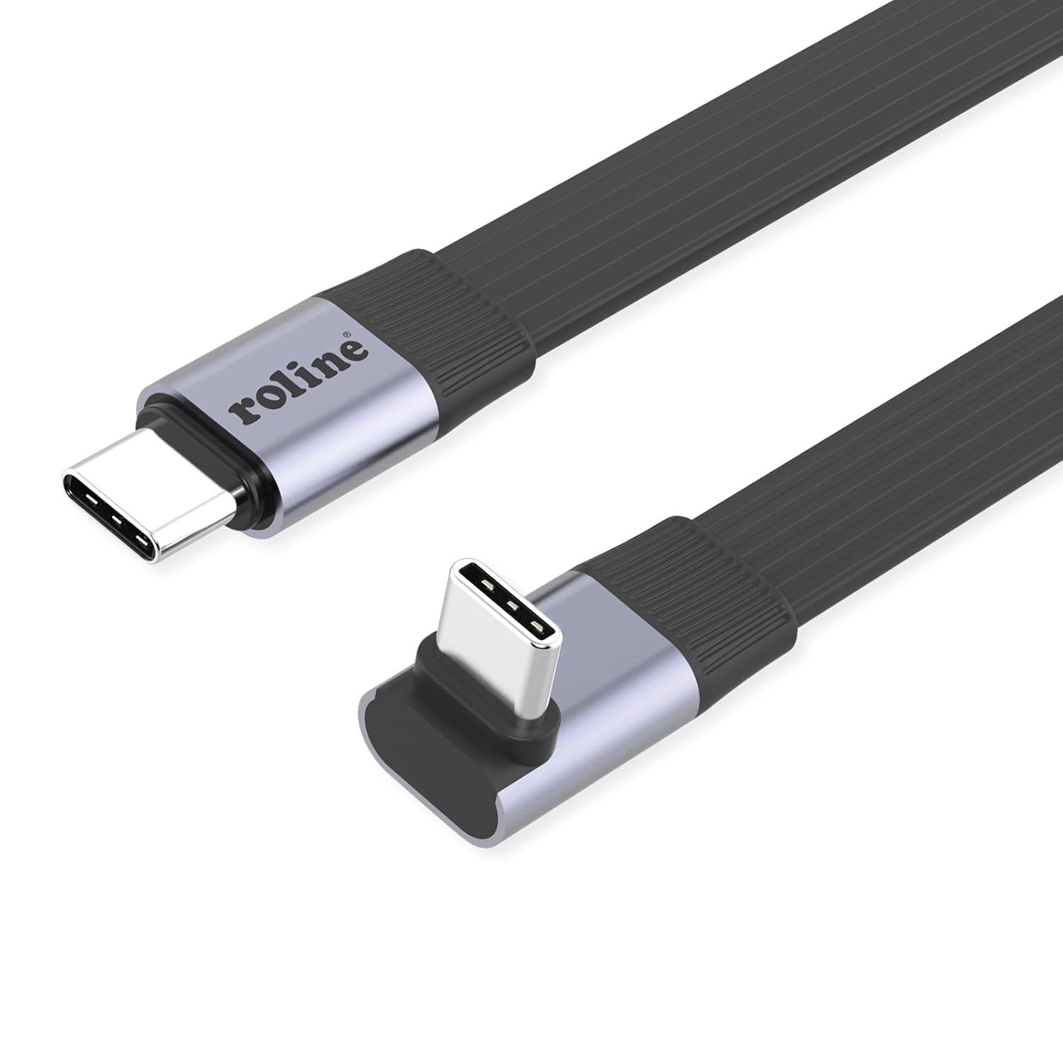 Плоский USB4 2.0 кабель ROLINE, C–C, ST/ST, односторонний, угол 270°, 8K UHD-2, 80 Гбит/с, 240 Вт, черный, 0,8 м
