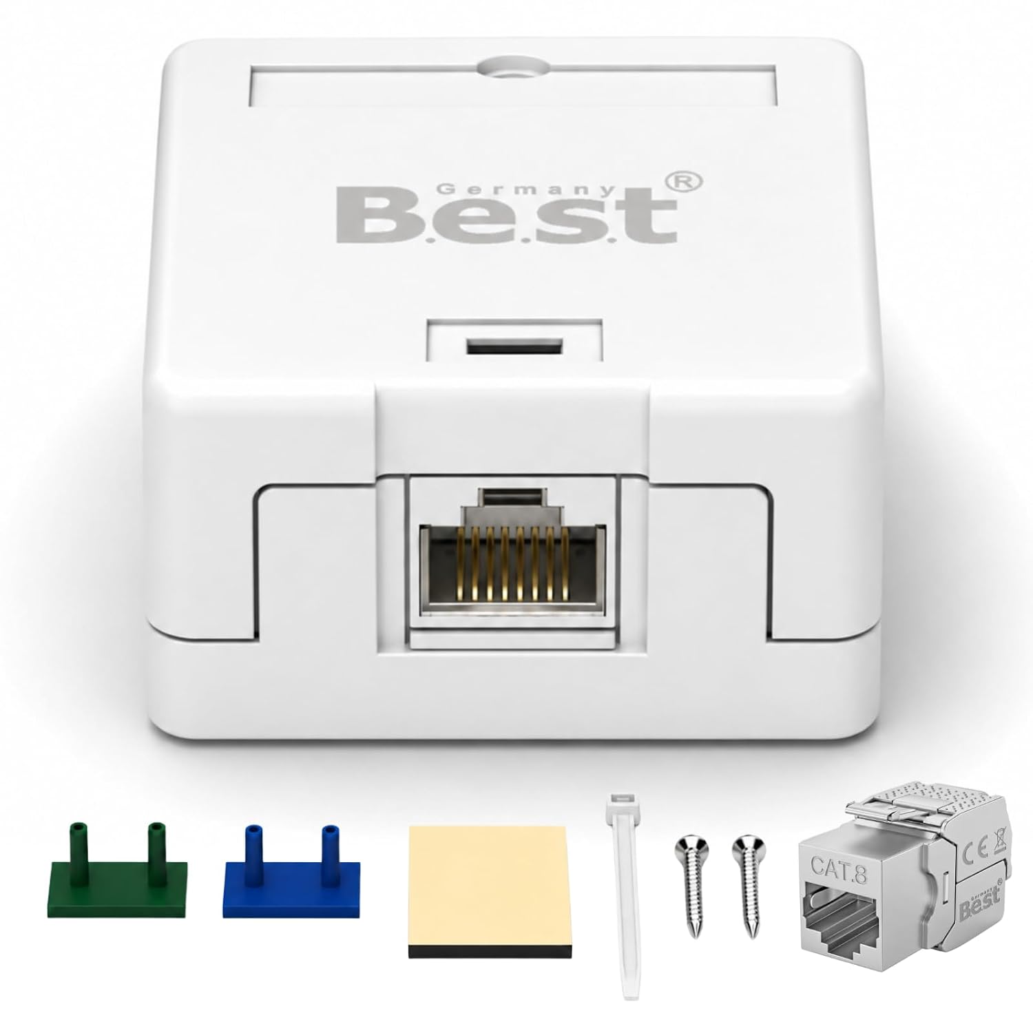 1 сетевой разъем CAT 8, 1 порт в комплекте, 1 разъем RJ45 Keystone для поверхностного монтажа.