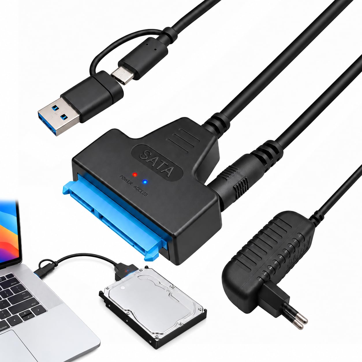 Адаптер SATA USB для 2,5- та 3,5-дюймових SSD-накопичувачів, USB 3.0 на SATA з блоком живлення 12 В 2 А, адаптер для зовнішнього ж