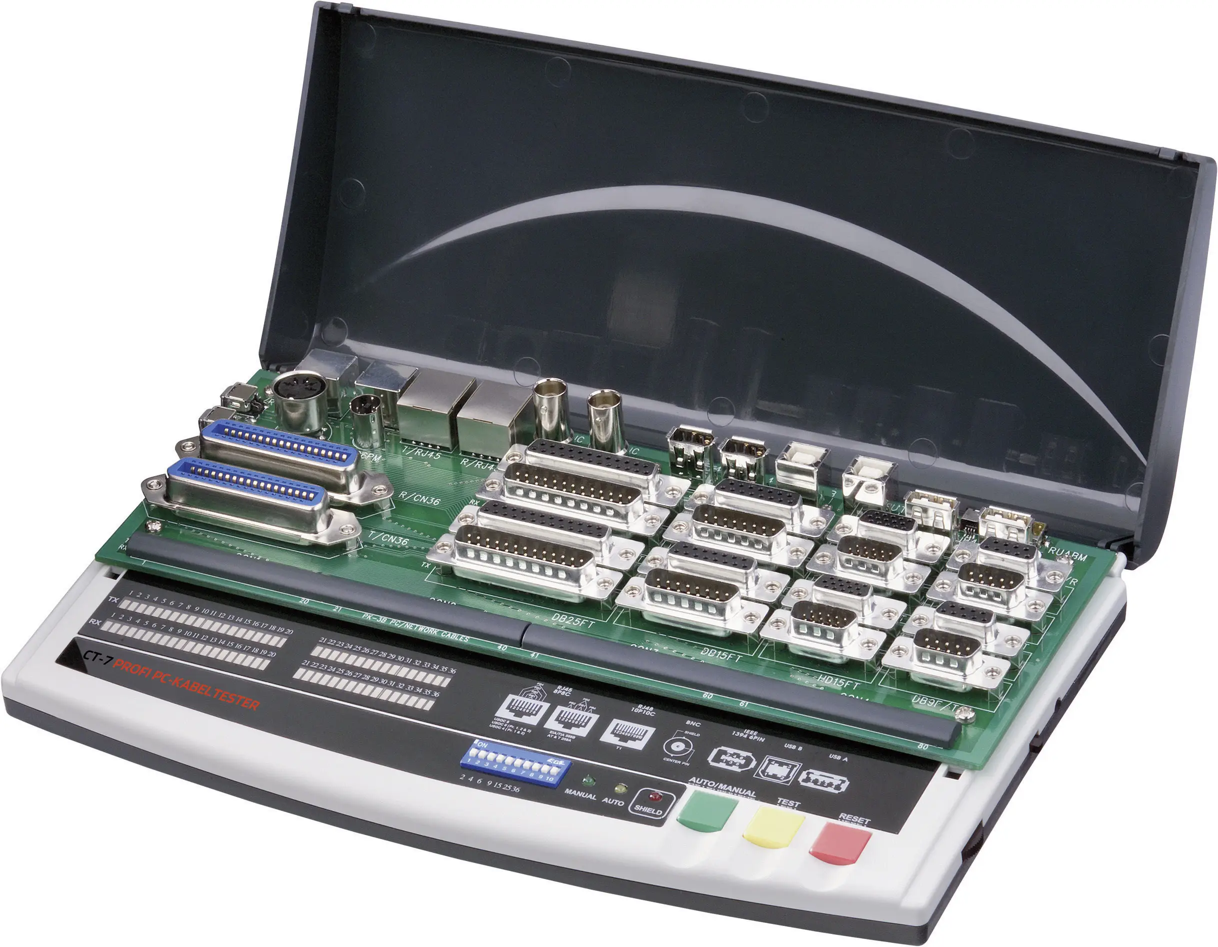 VOLTCRAFT CT-7, SUB-D, SUB-HD, Centronics, USB A+B, IEEE 1394, BNC, RJ-45, PS/2, 5-контактний DIN, тестер кабелів SATA