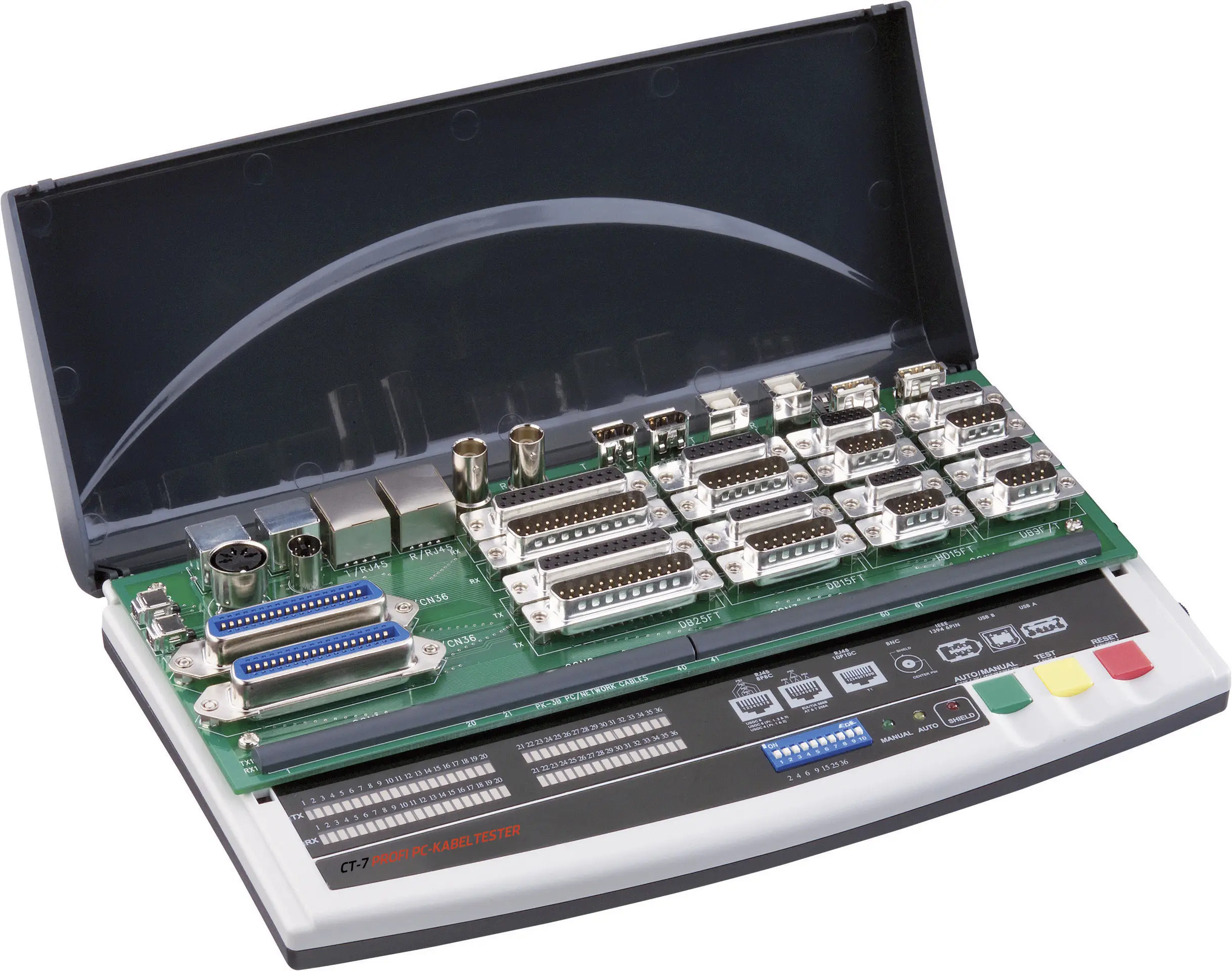 VOLTCRAFT CT-7, SUB-D, SUB-HD, Centronics, USB A+B, IEEE 1394, BNC, RJ-45, PS/2, 5-контактний DIN, тестер кабелів SATA