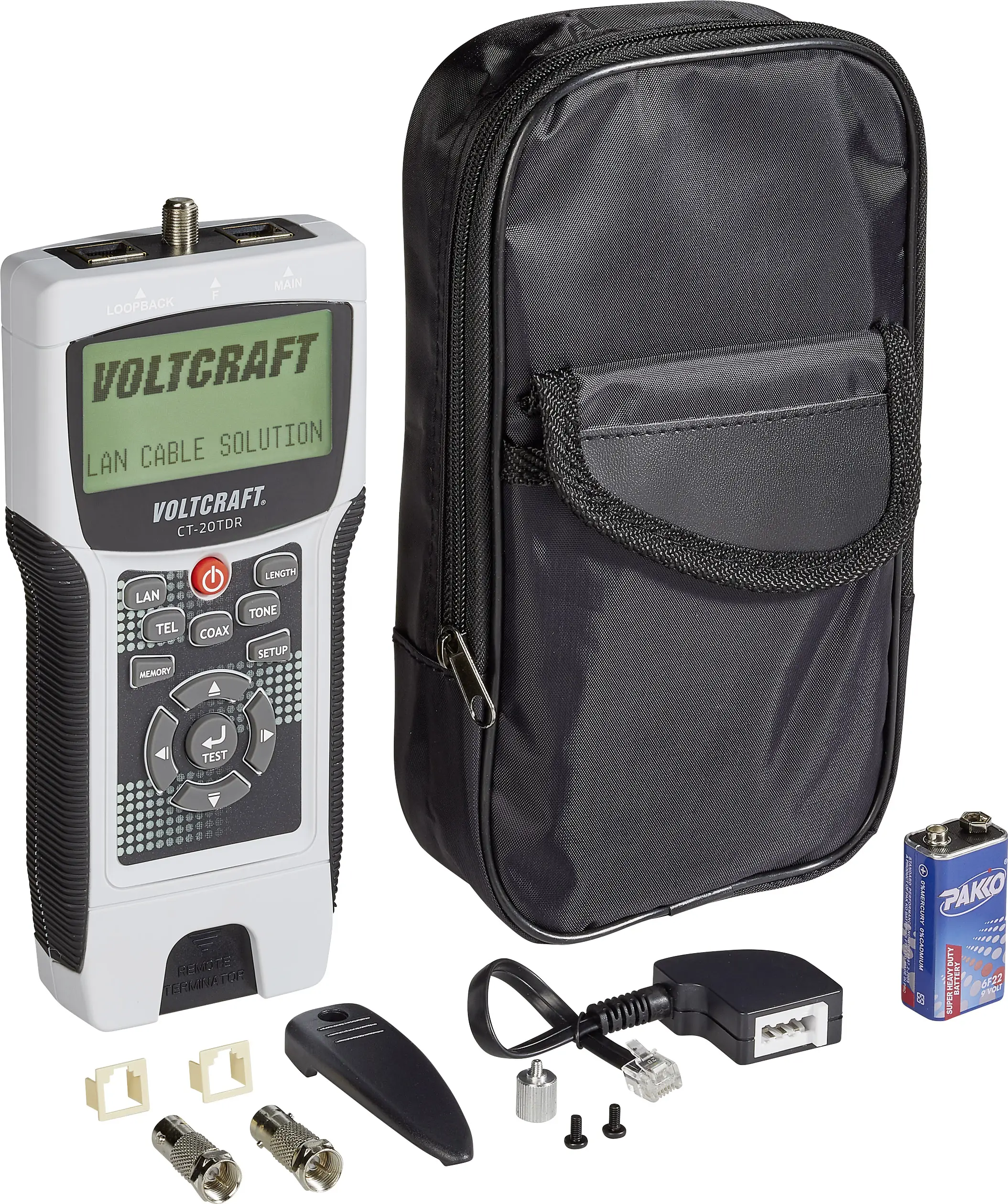 Тестер сетевых кабелей VOLTCRAFT CT-20TDR подходит для экранированных и неэкранированных кабелей, CAT3, CAT4, CAT5, CAT5E, CAT6, а