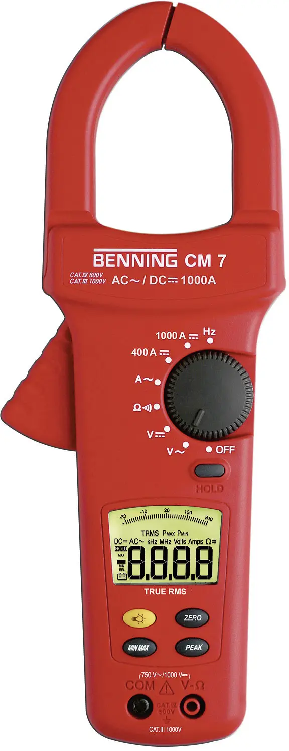 Клещевой измеритель Benning CM 7 с подсветкой, класс защиты CAT IV, напряжение 600 В.