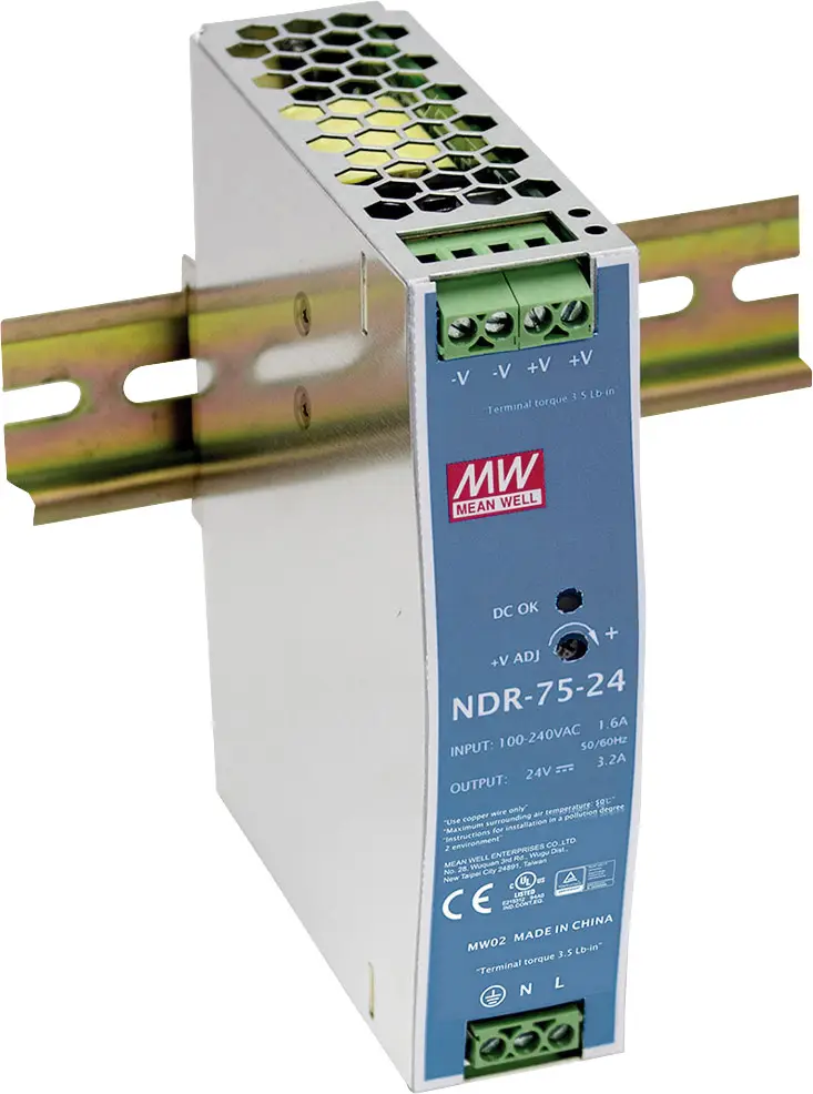 Блок питания MEAN WELL NDR-75-48 для установки на DIN-рейку, 48 В/постоянный ток, 1,6 А, 75 Вт.