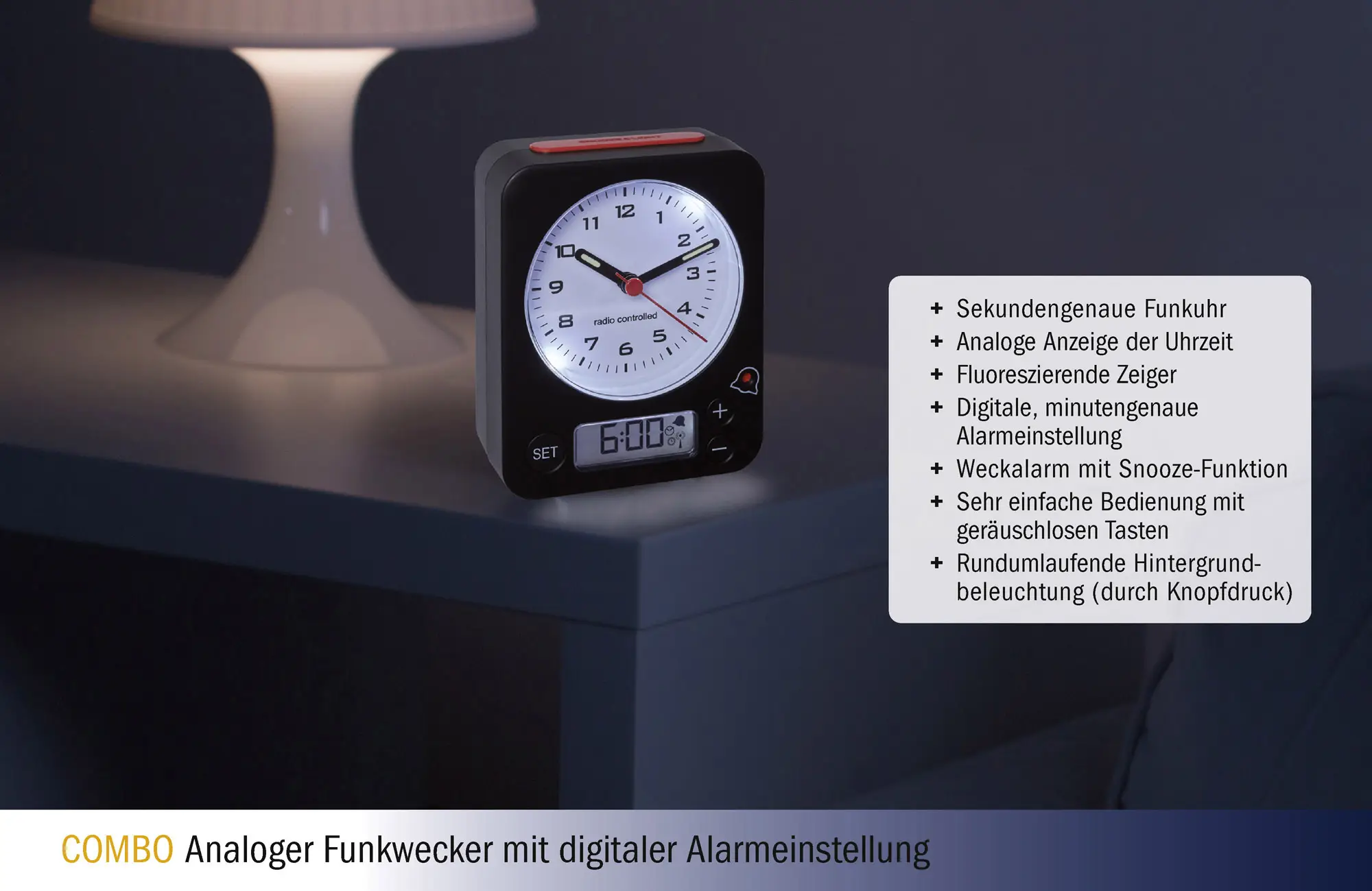 Будильник TFA Dostmann COMBO Funk-Wecker 60.1511.01, чорний