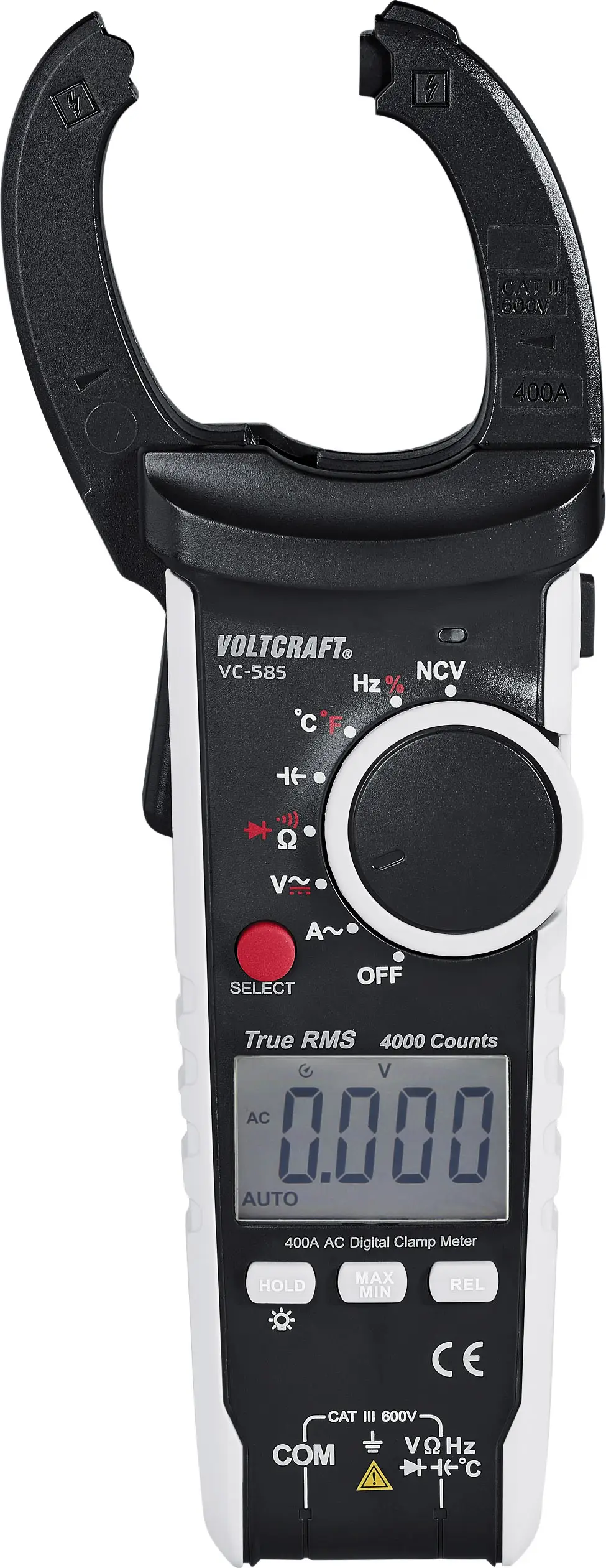 Цифровой клещевой измеритель VOLTCRAFT VC585, класс защиты CAT III, напряжение 600 В. Отображаемые значения: 4000.