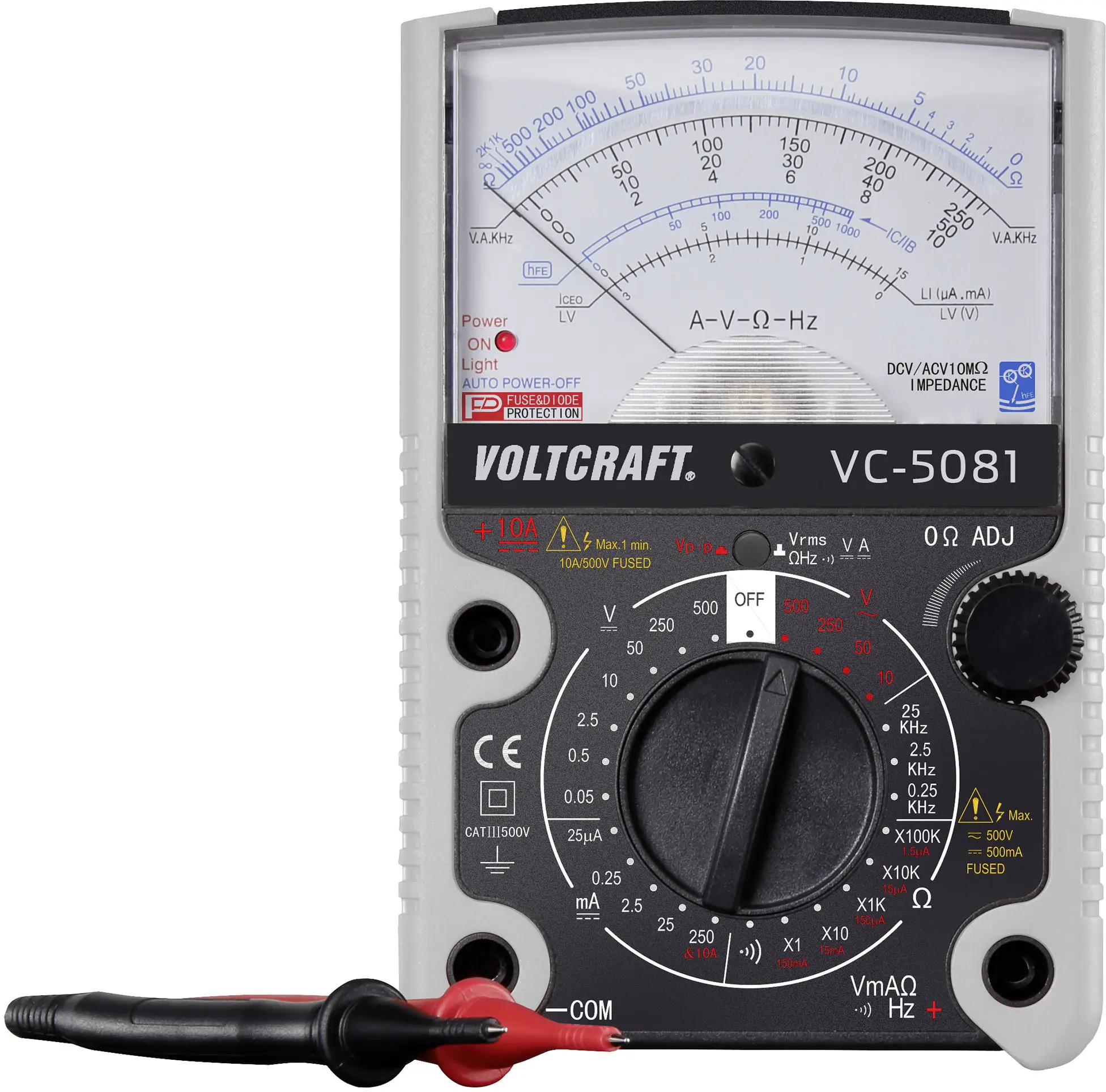 Аналоговый мультиметр VOLTCRAFT VC-5081, класс защиты CAT III, напряжение 500 В.