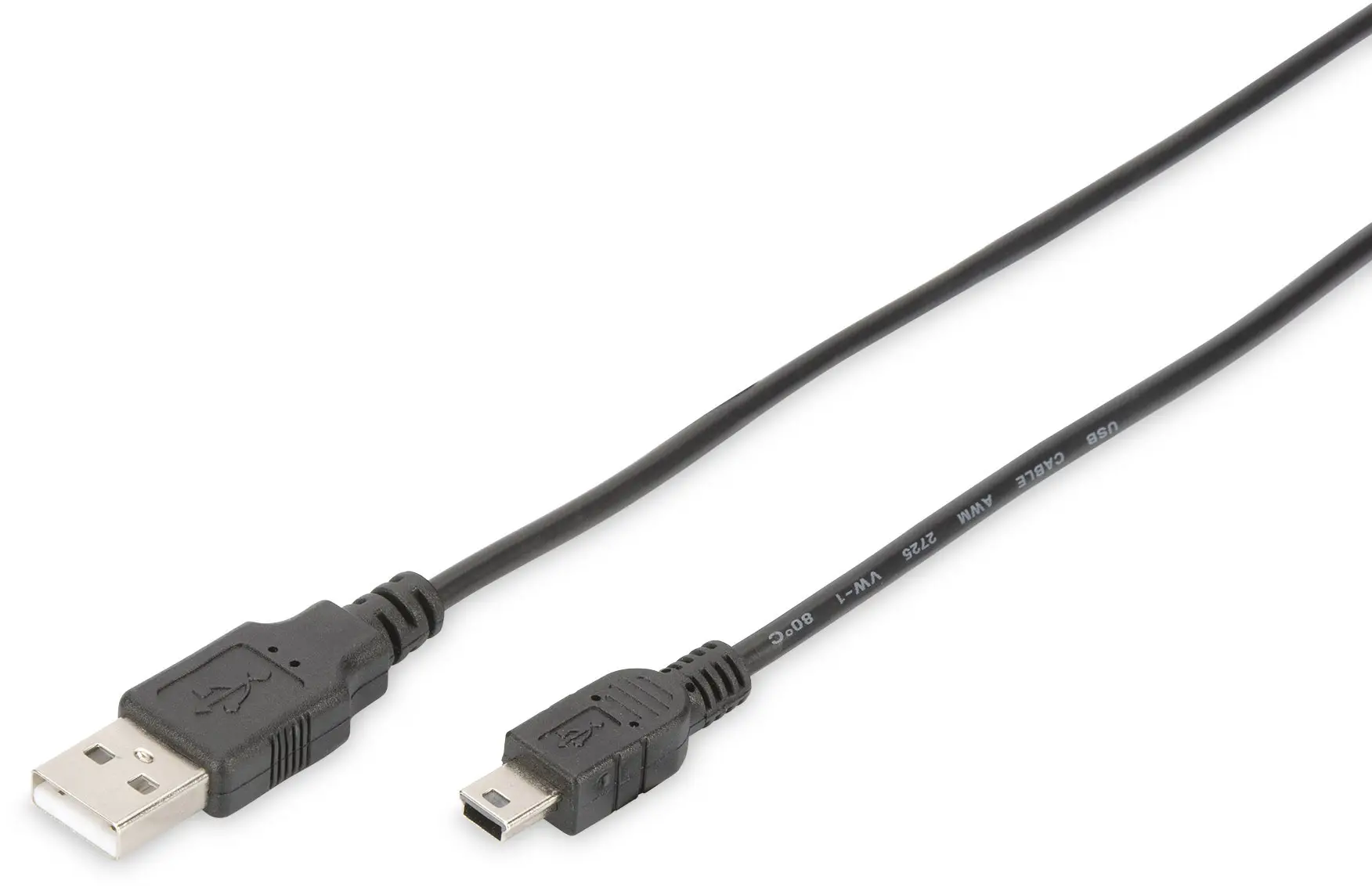 USB-кабель Digitus USB 2.0 USB-A чоловічий роз'єм, USB Mini-B чоловічий роз'єм 1,00 м Чорний круглий дизайн, подвійне екранування
