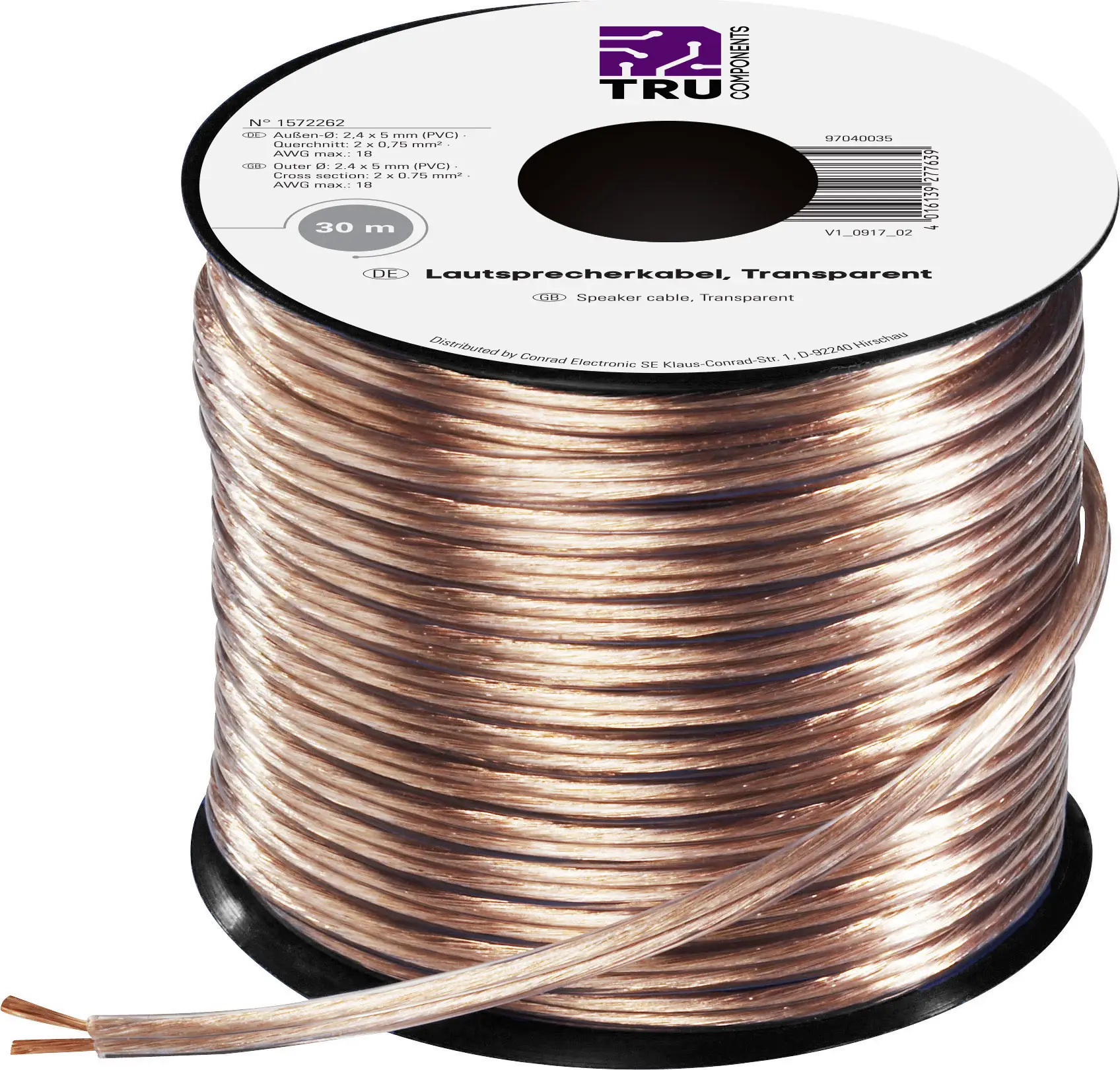 Акустичний кабель TRU COMPONENTS 1572262, 2 x 0,75 мм², прозорий, 30 м