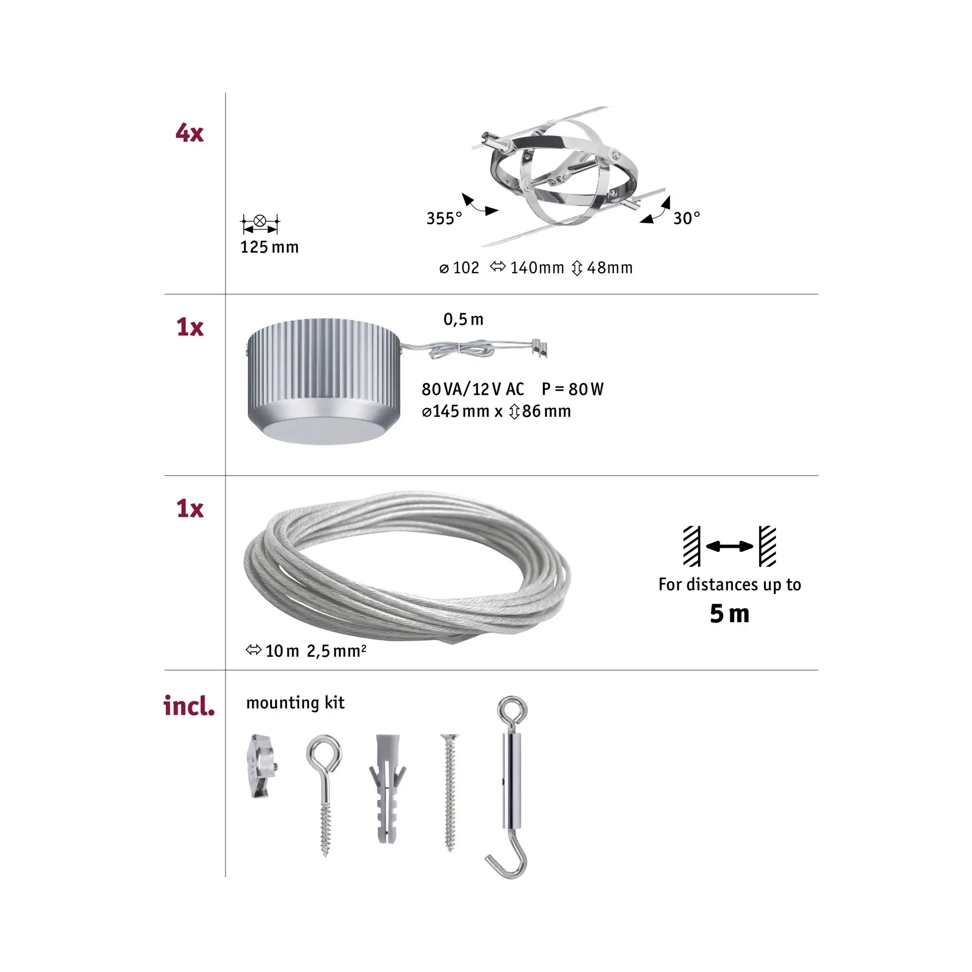 Paulmann Cardan 94144 GU5.3 chrome basic cable system, хром (матовый)