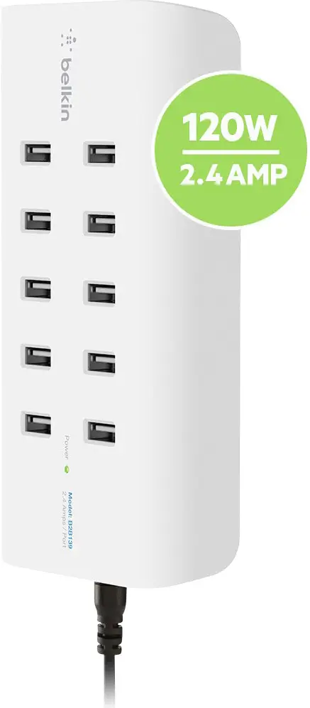 Зарядная станция Belkin RockStar USB 120 Вт, 10 портов USB-A, белый, черный