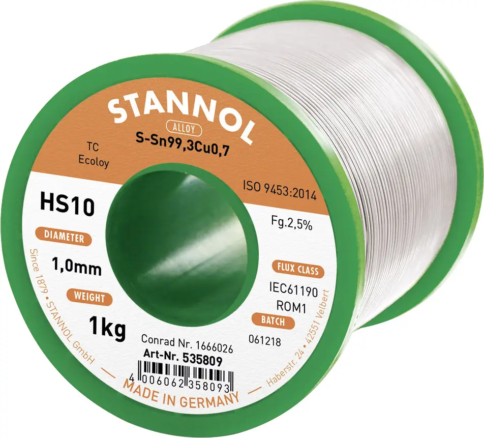 Бессвинцовый припой Stannol HS10 2,5% 1,0 мм SN99.3CU0.7 CD 1000 г, катушка Sn99.3Cu0.7 ROM1 1000 г 1 мм