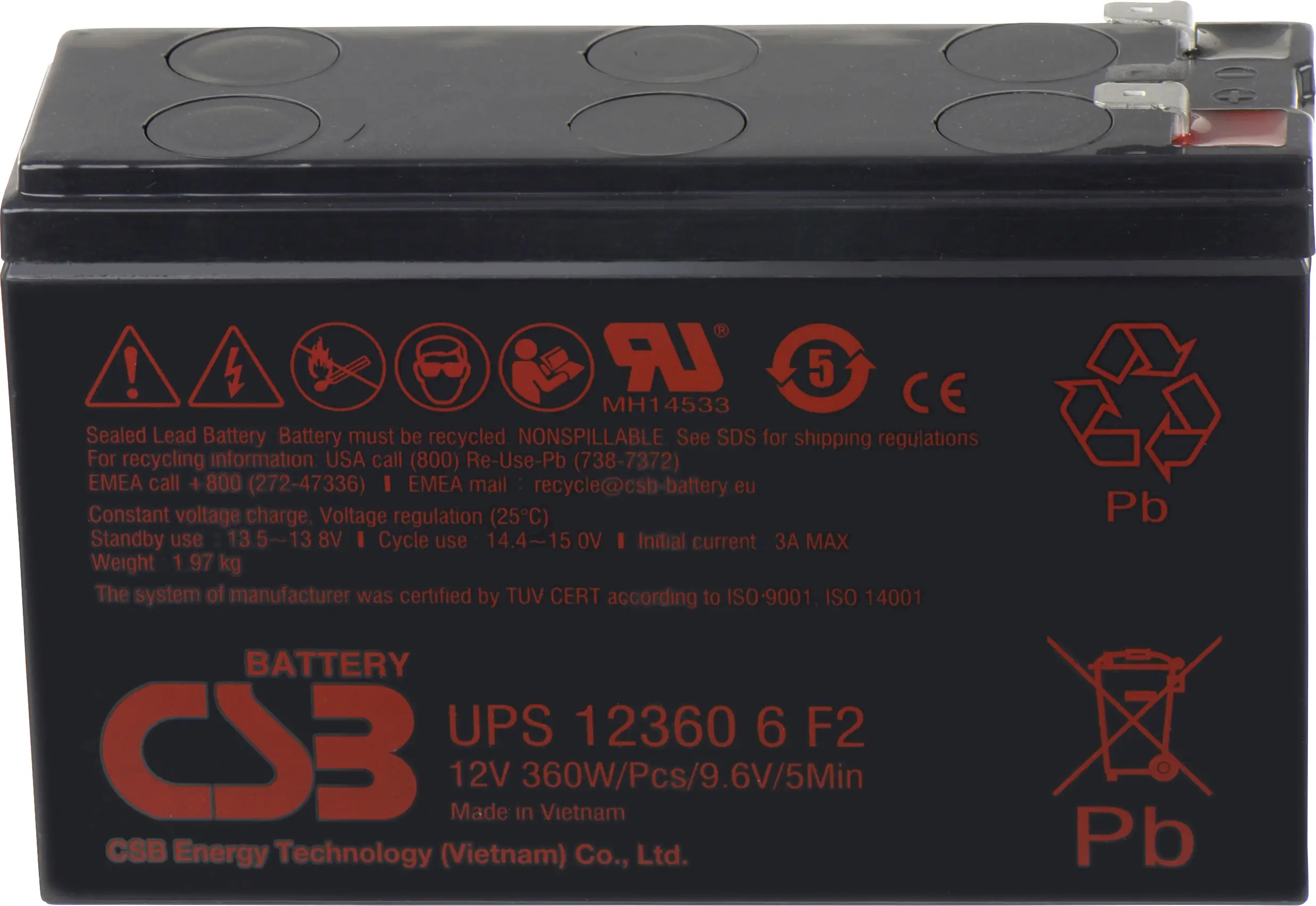 CSB Battery UPS 123606 Высокотоковая свинцовая батарея UPS123606F1F2, AGM, 12 В, 7 Ач