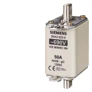 Предохранитель Siemens 3NA38306, совместимый с предохранителями типоразмеров 000-4. Типоразмер предохранителя: 0-100 А, 690 В, 3 ш