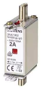 Предохранитель Siemens 3NA7820 с механическим индикатором состояния. Совместимые предохранители типоразмеров 000 - 4. Типоразмер п