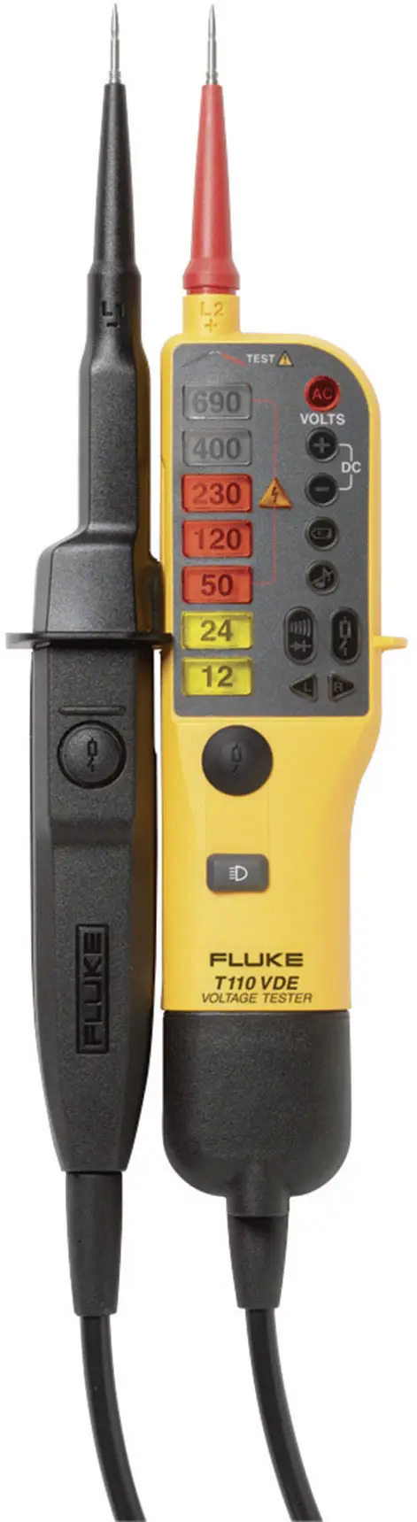 Двухполюсный тестер напряжения Fluke T110, класс защиты CAT III 690 В, класс защиты CAT IV 600 В.
