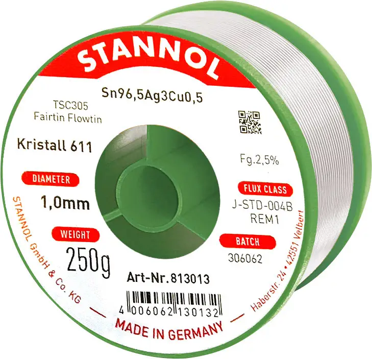 Stannol Kristall 611 Fairtin Бессвинцовая паяльная банка Sn96.5Ag3Cu0.5 REM1 250 г 1 мм