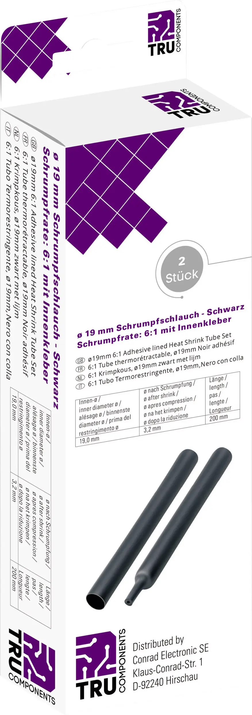 TRU COMPONENTS T1904CA047 Термоусадочная трубка с клеем, 6:1, 19 мм на 3,10 мм, 2 шт.