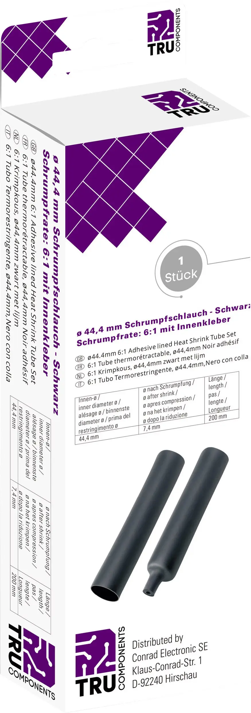 TRU COMPONENTS T1904CA049 Трубка термоусадочна з клеєм, 6:1, від 44,40 мм до 7,40 мм, 1 шт.