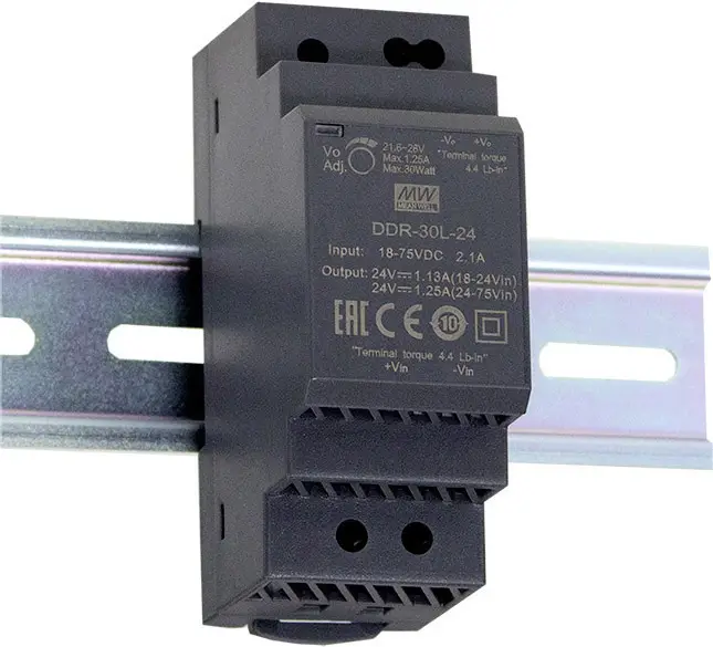 DC/DC преобразователь MEAN WELL DDR-30L-24 для DIN-рейки, 24 В/постоянный ток, 1,25 А, 30 Вт. Количество выходов: 1. Описание: 1 ш