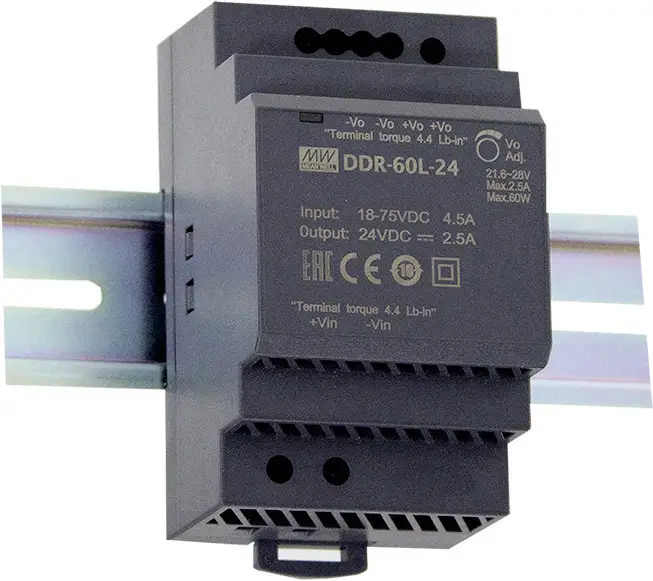 DC/DC преобразователь MEAN WELL DDR-60G-15 для DIN-рейки, 15 В/постоянный ток, 4 А, 60 Вт. Количество выходов: 1. Описание: 1 шт.