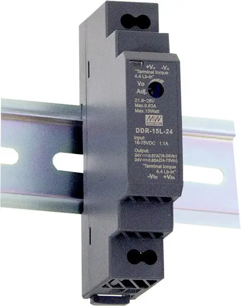 Перетворювач постійного струму MEAN WELL DDR-15L-24 для DIN-рейки 24 В/DC 0,63 A 15 Вт Кількість виходів: 1 x Опис 1 шт.