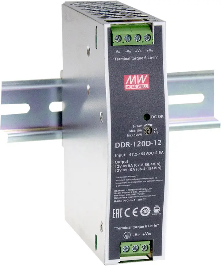 Перетворювач постійного струму MEAN WELL DDR-120B-12 для DIN-рейки 12 В/DC 10 A 120 Вт Кількість виходів: 1 x Опис 1 шт.