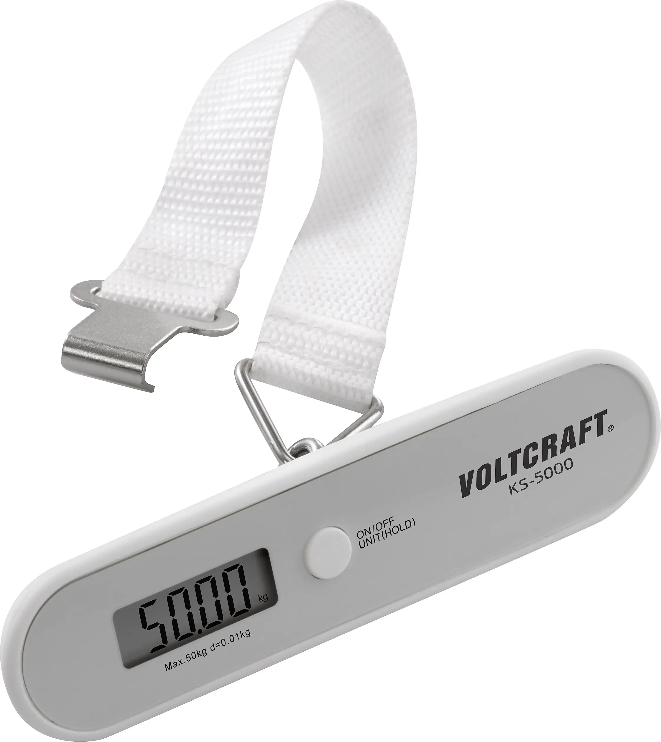 Багажные весы VOLTCRAFT KS-5000. Диапазон измерения: до 50 кг. Шаг деления: 10 г. Работают от батареек. Серые.