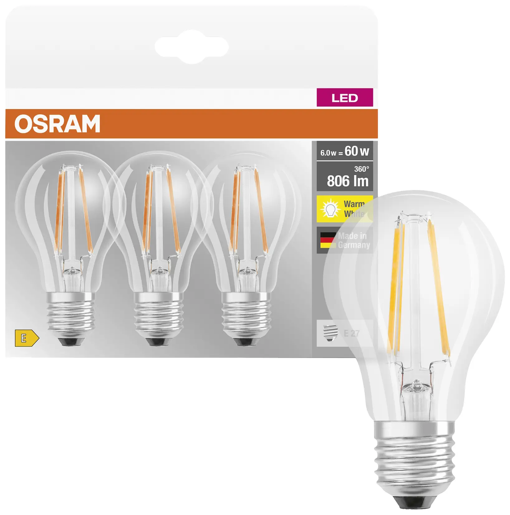 Светодиодная лампа OSRAM HOMELIGHTING 4058075819290 E-27 7 Вт = 60 Вт 806 лм теплый белый 3 шт.