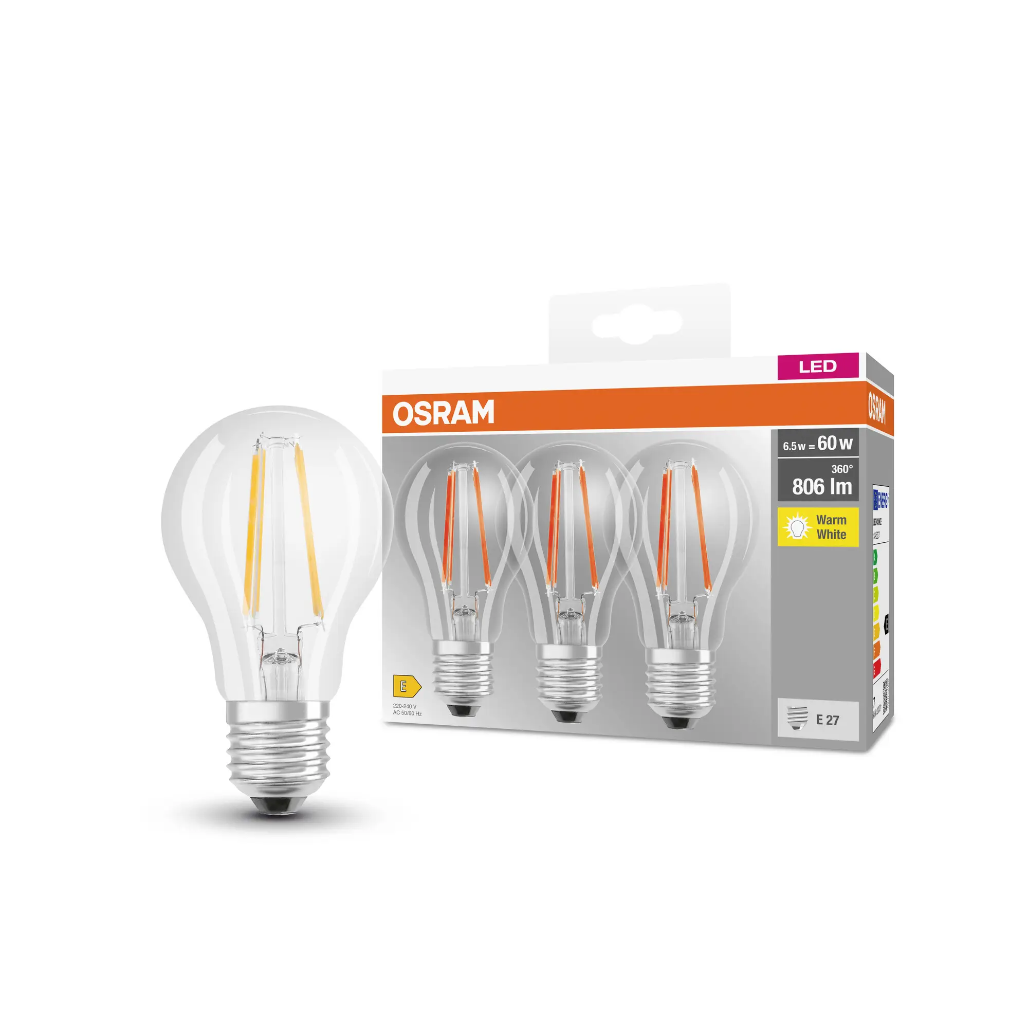Светодиодная лампа OSRAM HOMELIGHTING 4058075819290 E-27 7 Вт = 60 Вт 806 лм теплый белый 3 шт.