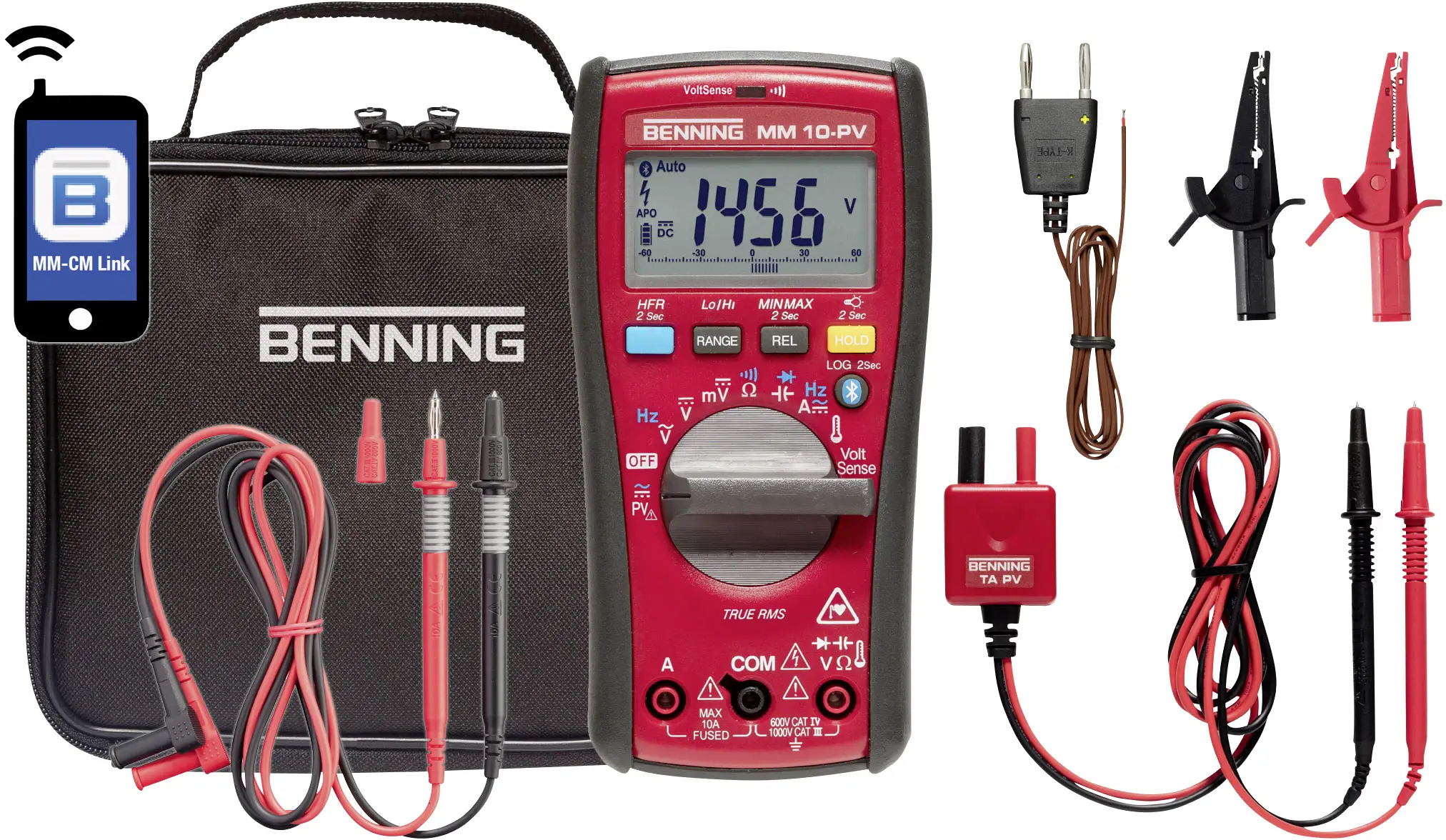 Цифровой мультиметр Benning MM 10-PV с регистратором данных, класс защиты CAT IV, напряжение 600 В. Отображаемые значения: 6000.